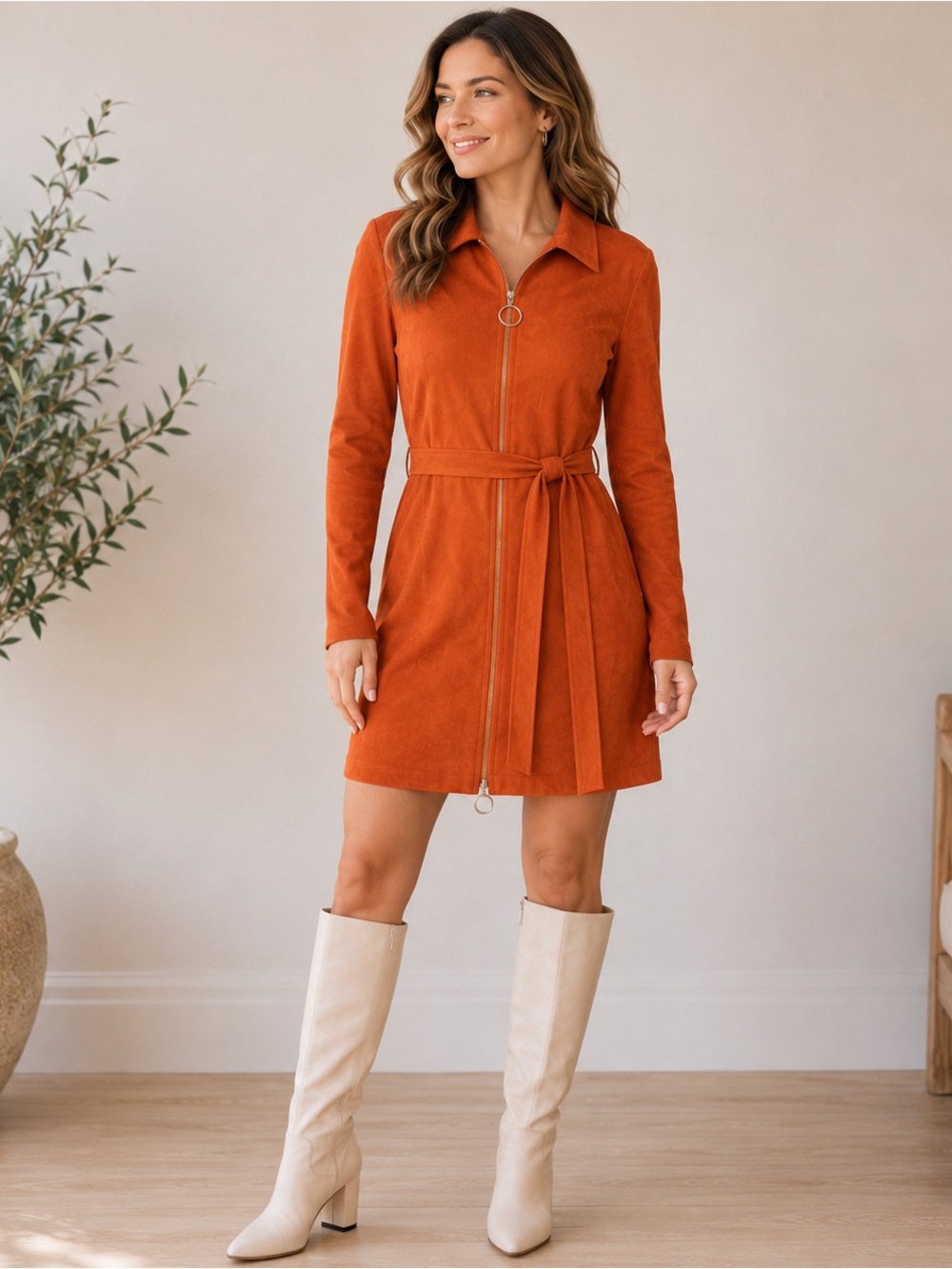 SHEIN Orange Faux Suede Zip Front Dress Belted Long Sleeve Retro NWT L
